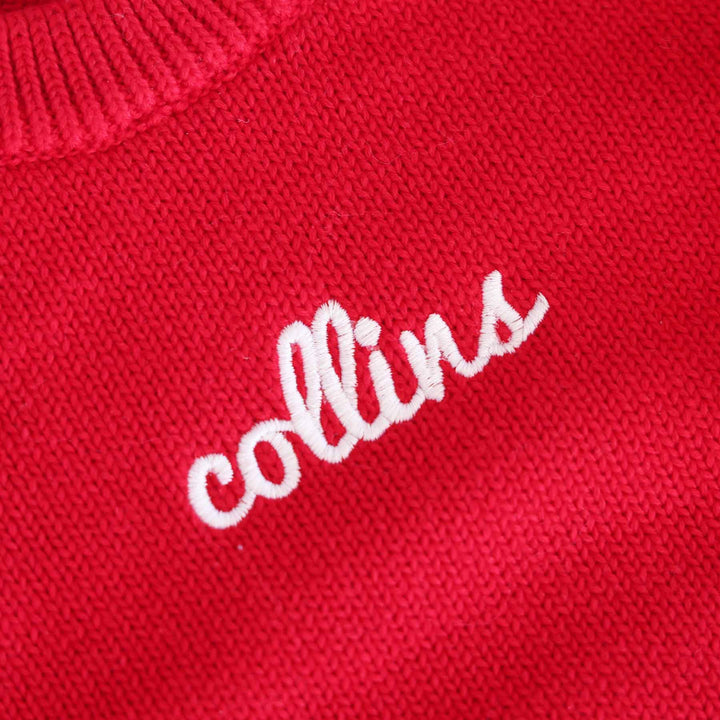 white script font embroidered personalized knit sweater bubble romper for christmas red