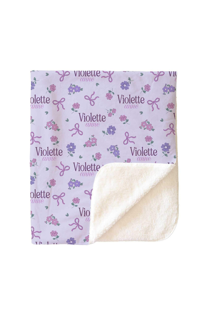 purple flower and bow personalized sherpa blanket for kids 