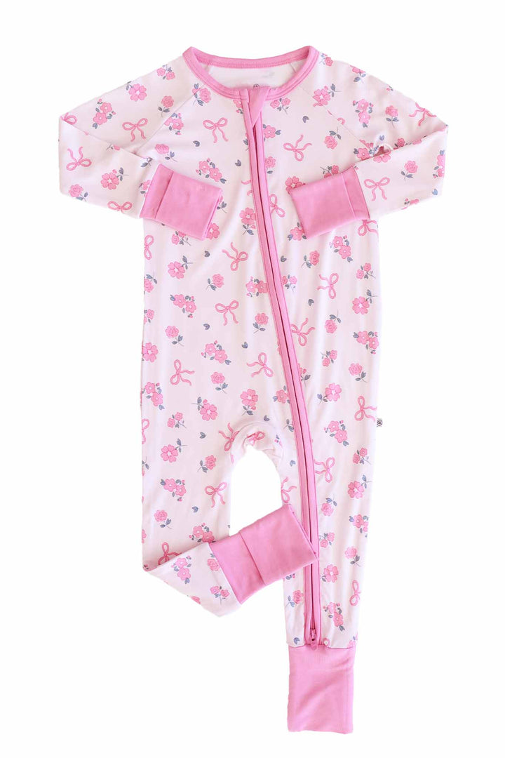 long sleeve convertible flip mitt and romper ribbon and roses pink 