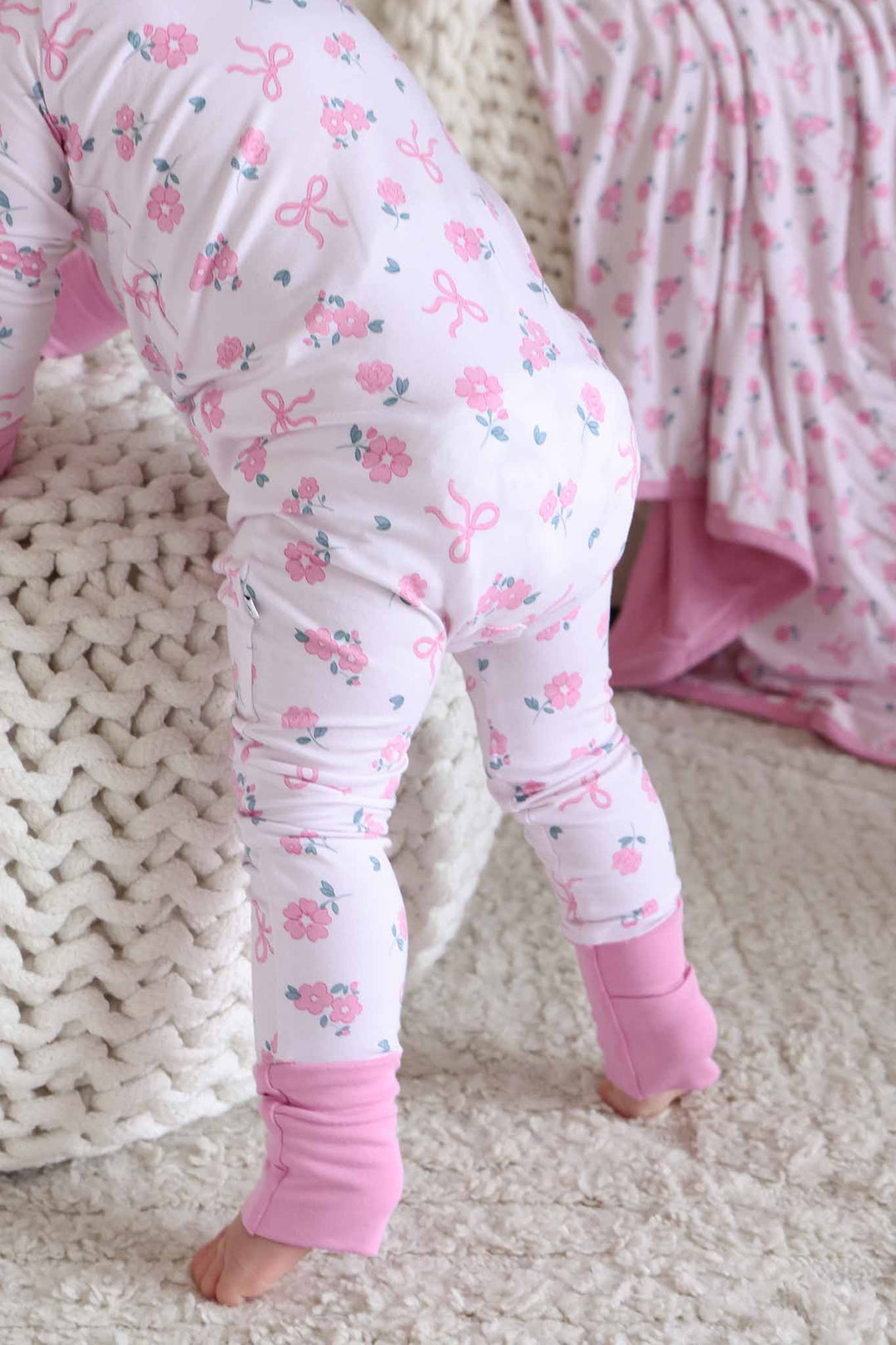 ribbon and roses pink convertible zip romper for girls with flip mitts and footies