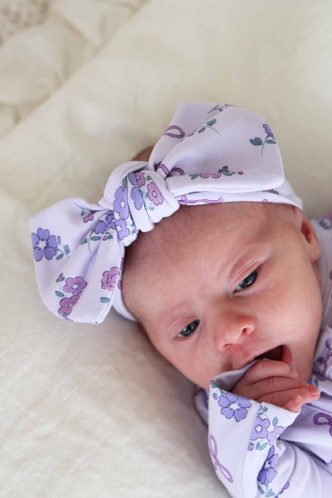 purple flower and ribbon newborn headwrap for baby girls 