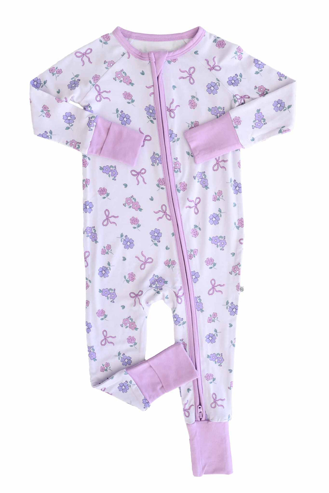convertible flip mitt and footie pajama romper for baby girls in purple ribbon and roses print 