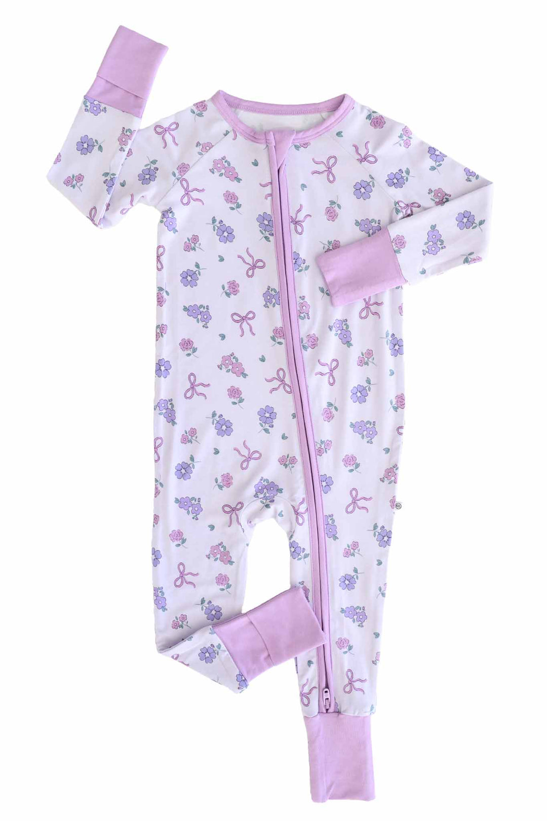 convertible zip romper with flip mitts and footies in ribbon and roses print 