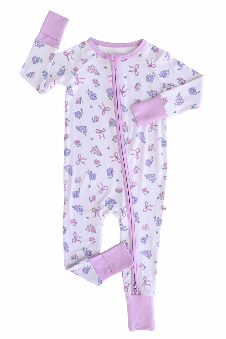 convertible zip romper with flip mitts and footies in ribbon and roses print 