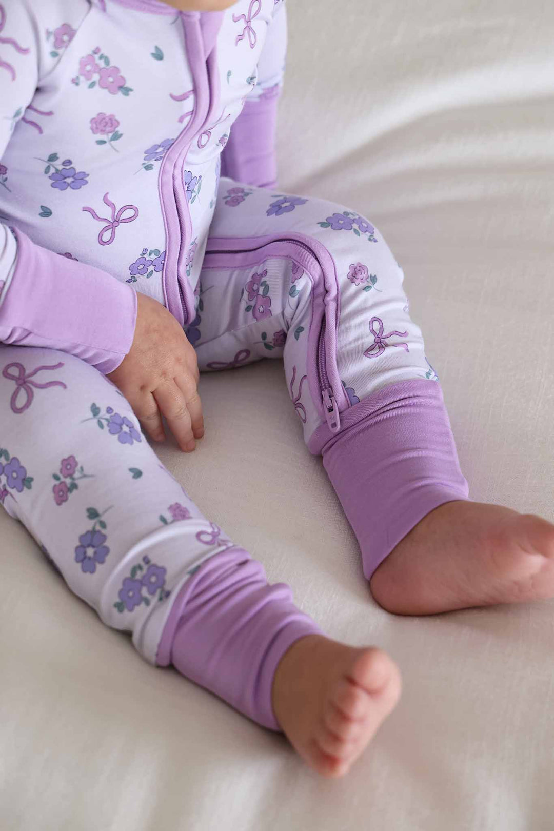 ribbon and roses purple convertible zip romper footie
