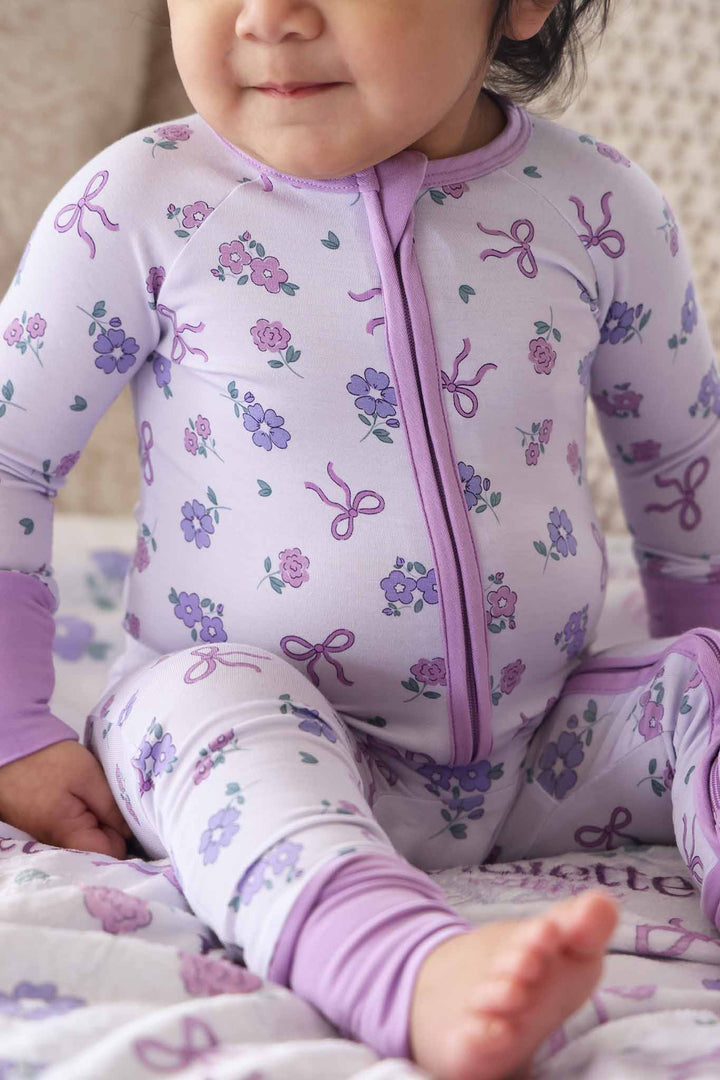 closeup or purple ribbon and roses convertible zip romper pajama 