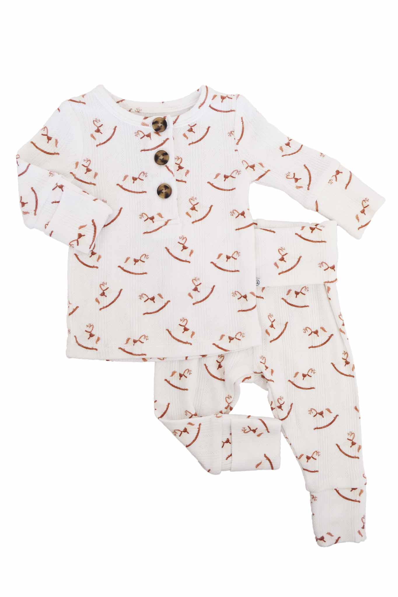 2pc rocking horse pointelle set for baby boys with wooden buttons 