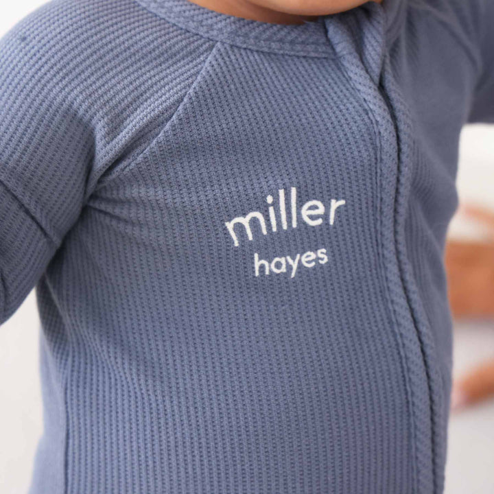 convertible zip romper for babies and toddlers dark blue embroidered name pajama romper 