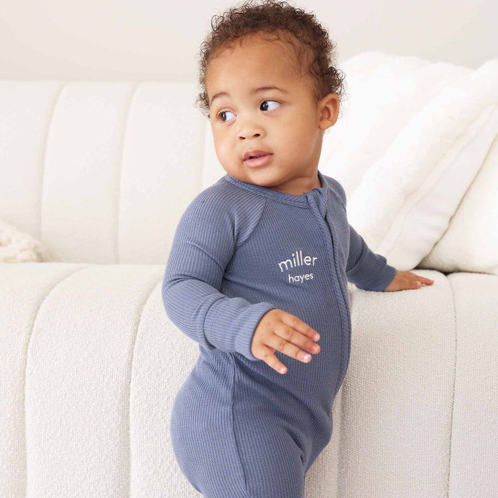 lake blue convertible zip romper pajama for babies embroidered