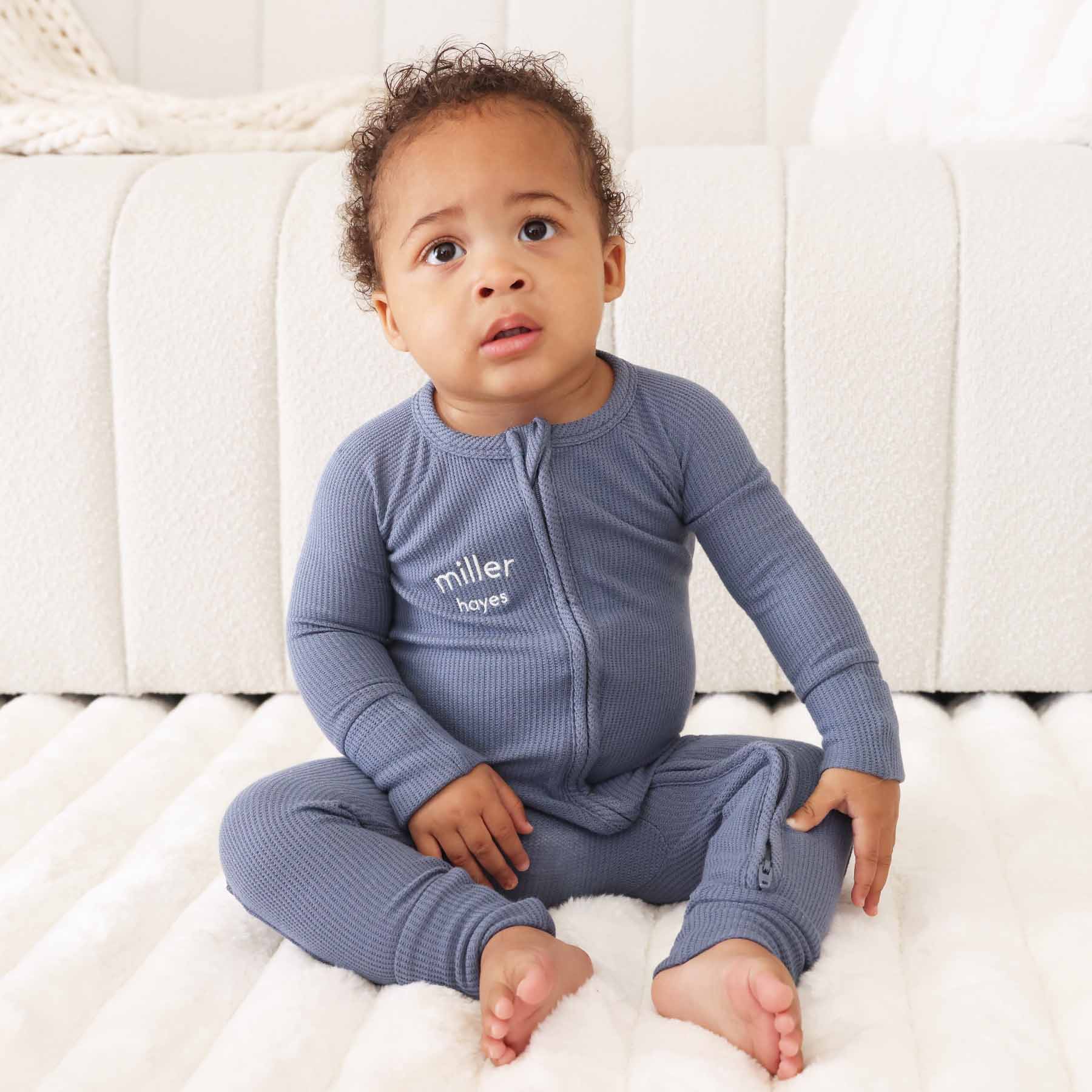 Embroidered Bamboo Waffle Convertible Zip Romper | Lake