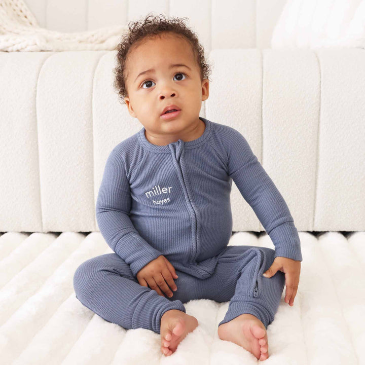 lake blue bamboo waffle convertible zip romper pajama for baby and toddler boys 