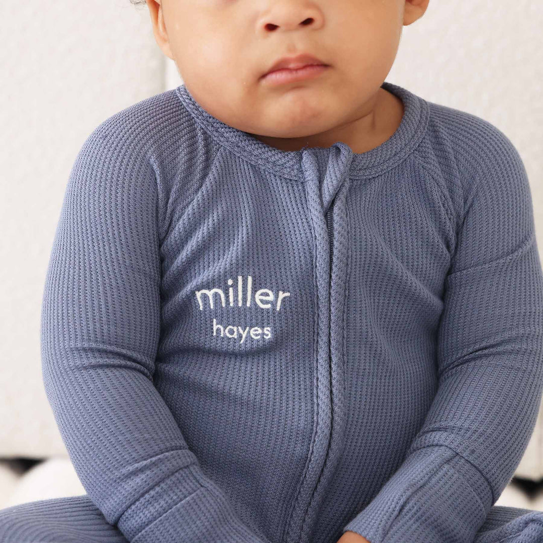 dusty blue bamboo waffle convertible zip romper pajama for baby and toddler boys 