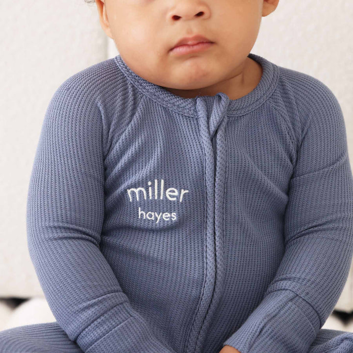 dusty blue bamboo waffle convertible zip romper pajama for baby and toddler boys 
