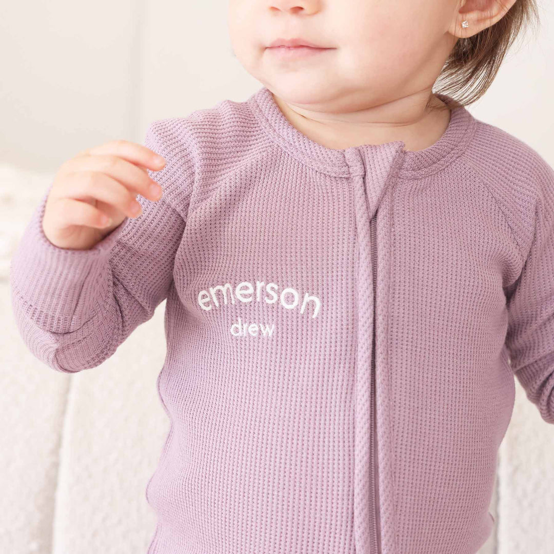 embroidered amethyst bamboo waffle convertible zip romper for girls 