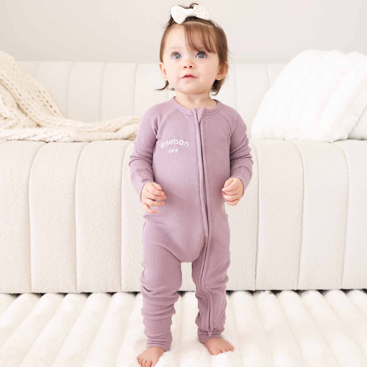 zip romper embroidered with name purple 