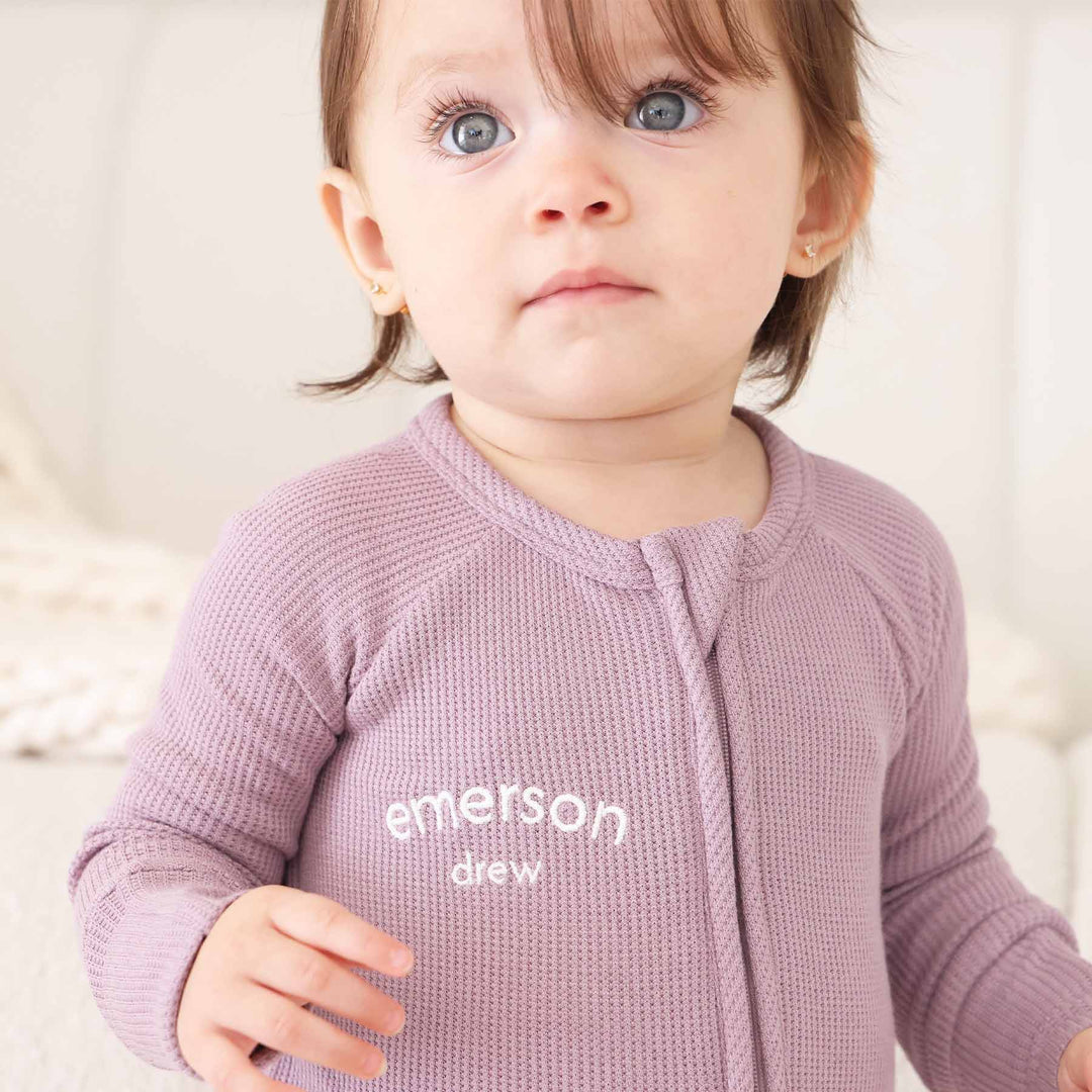 bamboo waffle embroidered romper pajama for babies and toddlers purple 