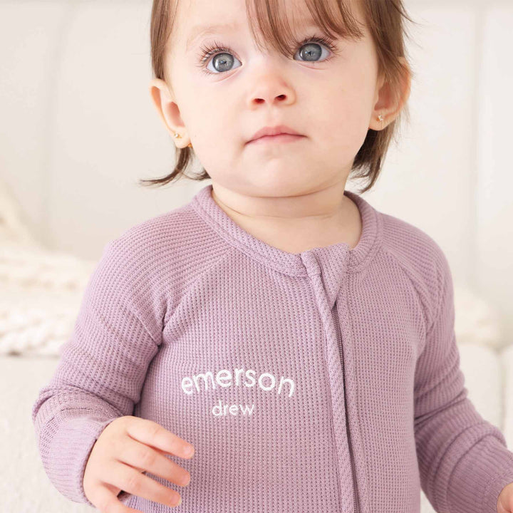 bamboo waffle embroidered romper pajama for babies and toddlers purple 