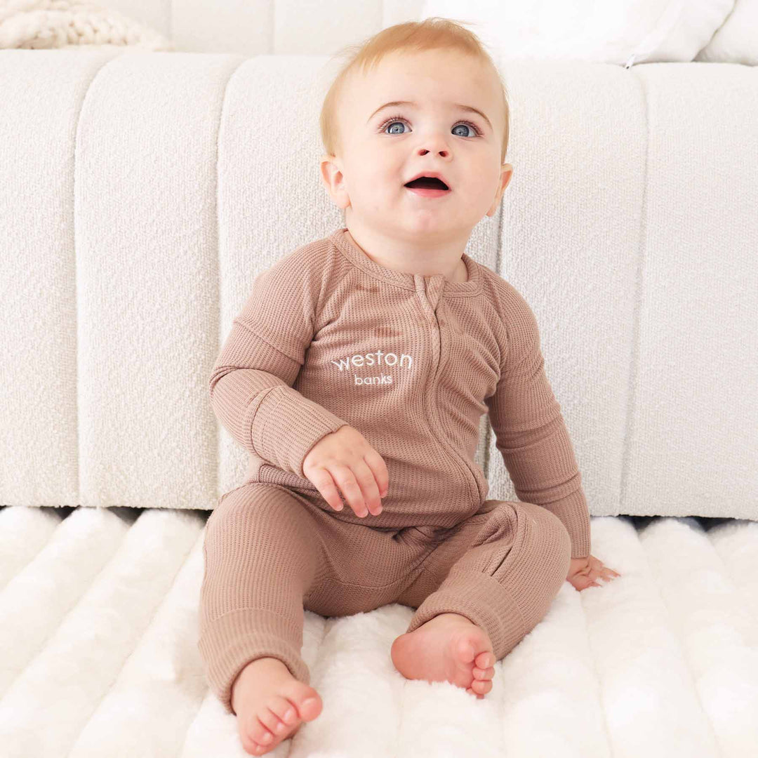 brown bamboo waffle convertible zip romper pajama for babies and toddlers gender neutral 