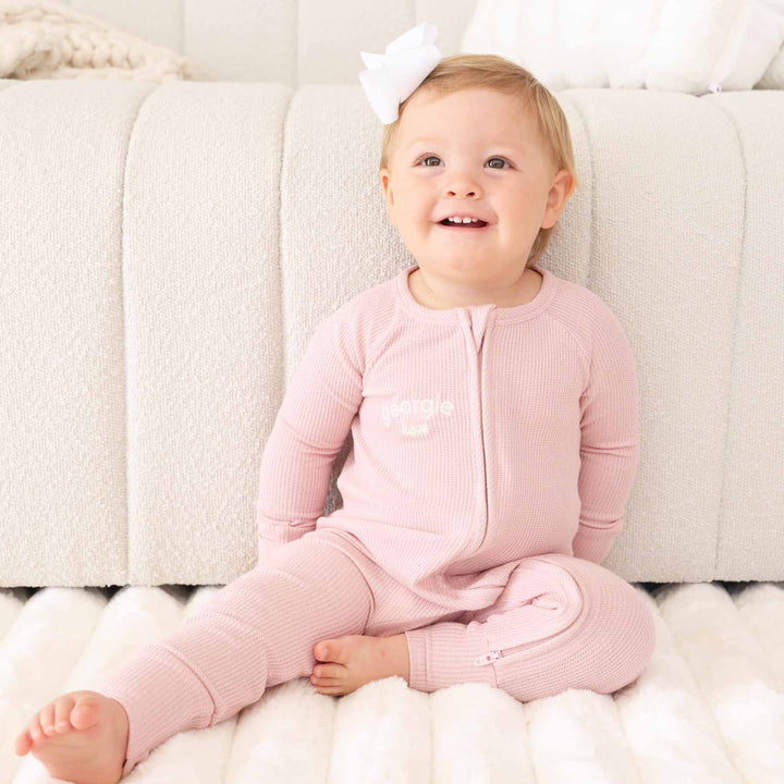 bamboo waffle convertible zip romper light pink with embroidered name 