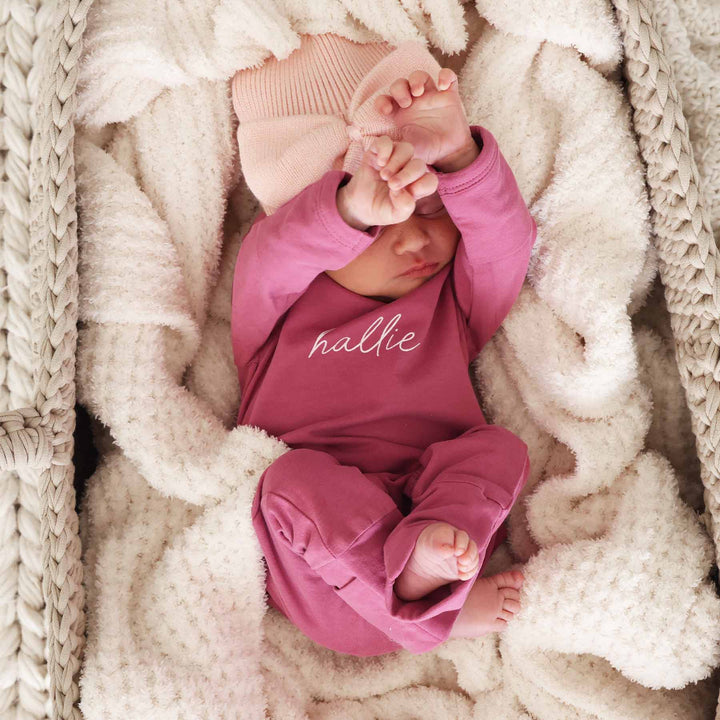 dark rose personalized full length snap romper for newborns