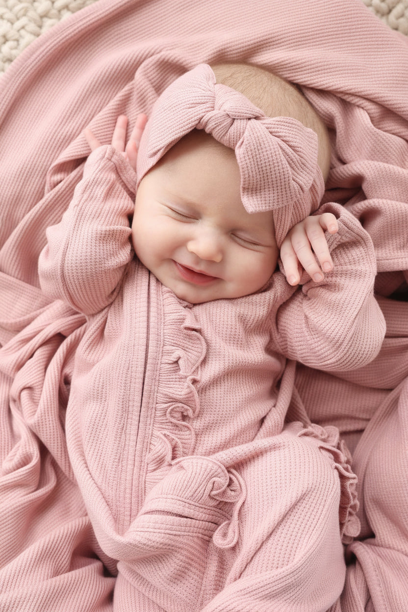 rose waffle bamboo zipper footie with ruffles 