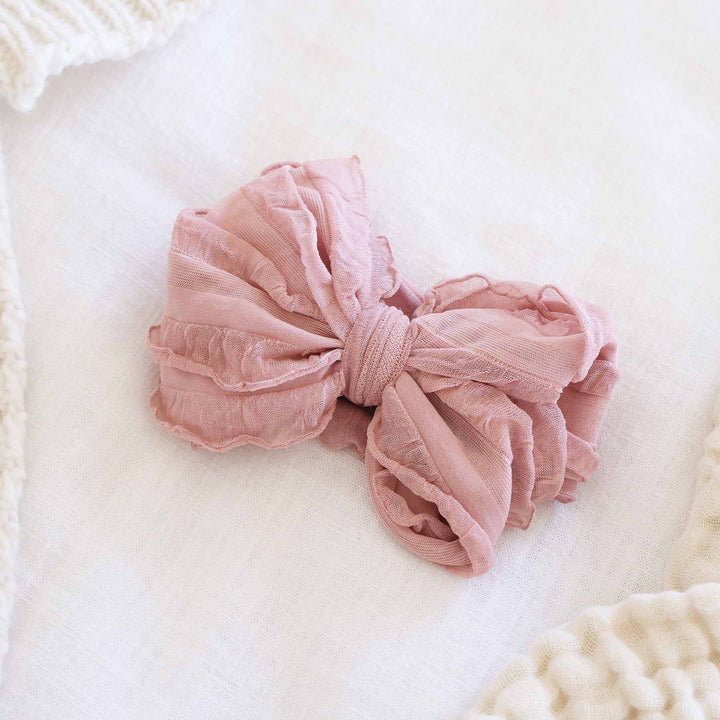 rose quartz large ruffle knit bow 