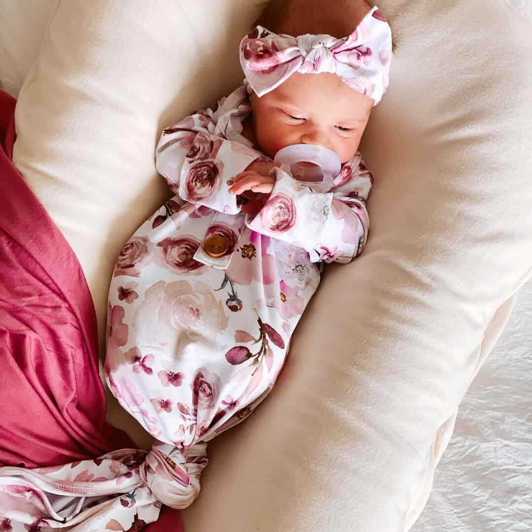 rose newborn knot gown and hat set for baby 