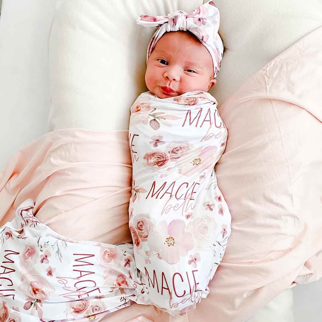 rose personalized baby name swaddle blanket 