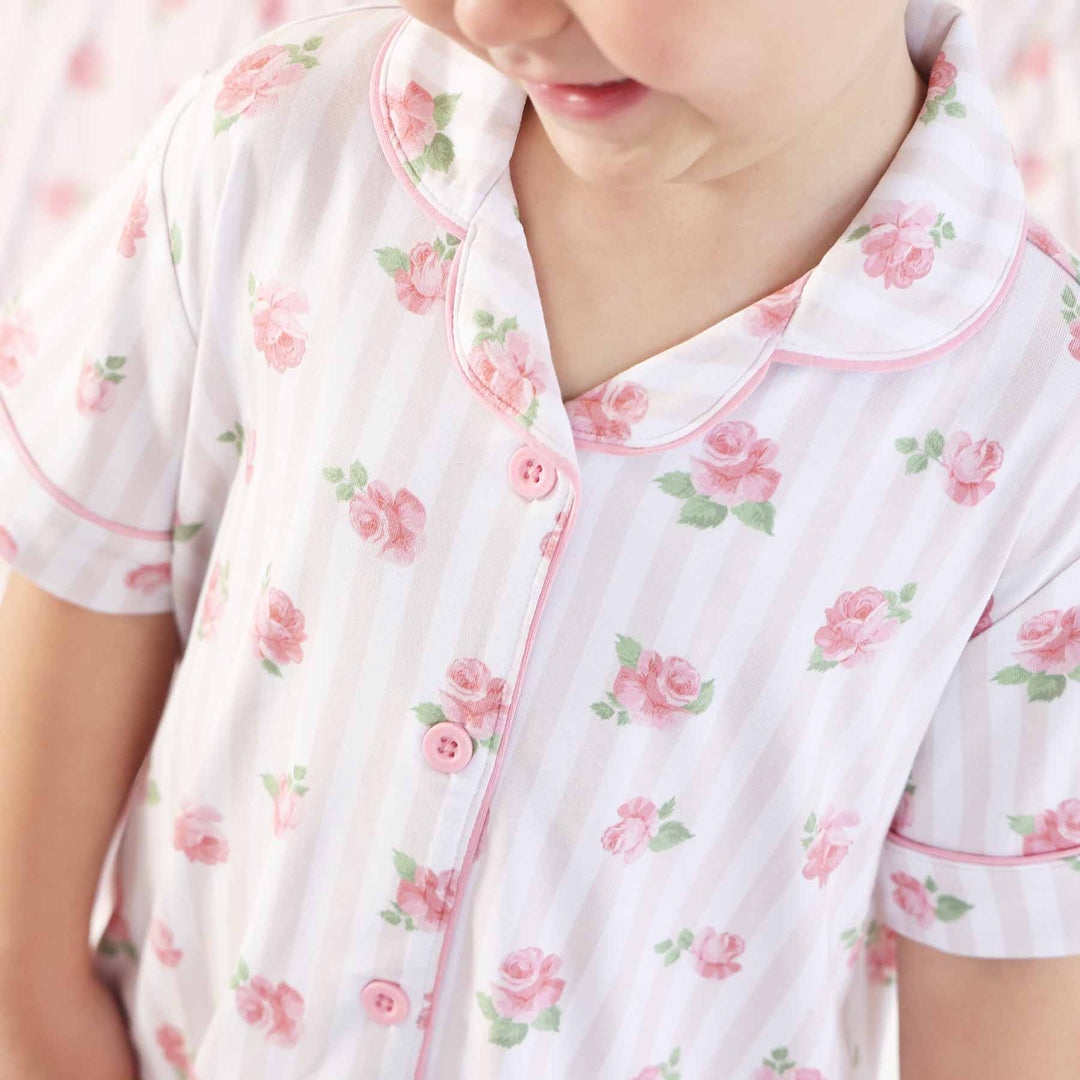 flare pant and collar stripe and rose pajama set for girls 