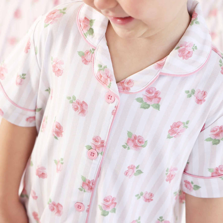 flare pant and collar stripe and rose pajama set for girls 