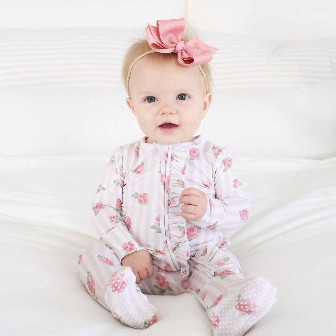 neutral stripe and rose ruffle zipper footie pajama for girls 