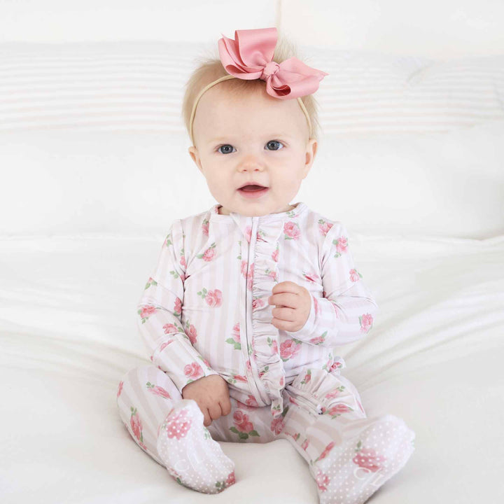 neutral stripe and rose ruffle zipper footie pajama for girls 