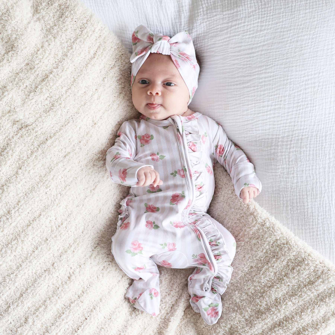 stripe and floral ruffle zipper footie for babies 