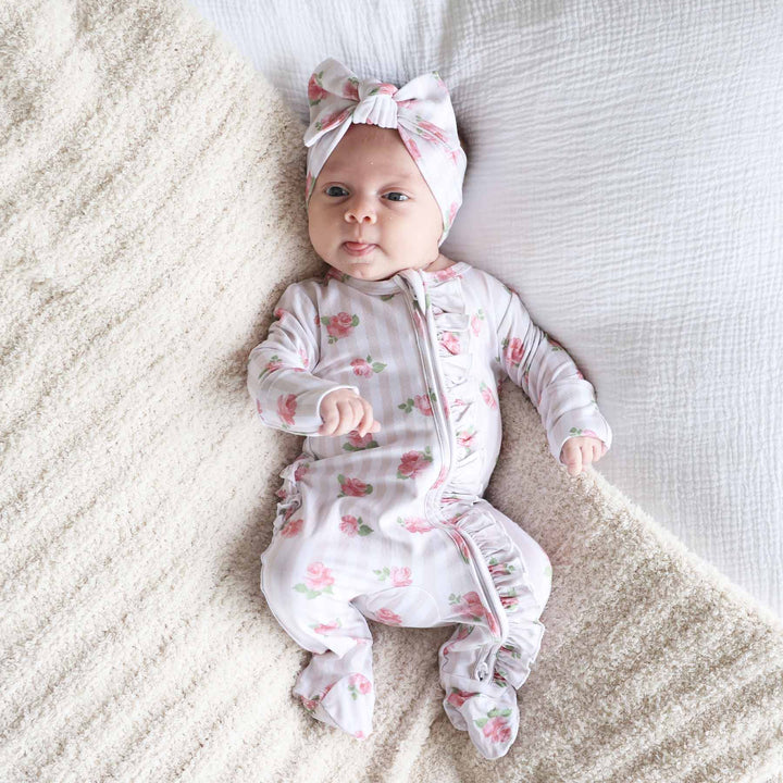stripe and floral ruffle zipper footie for babies 