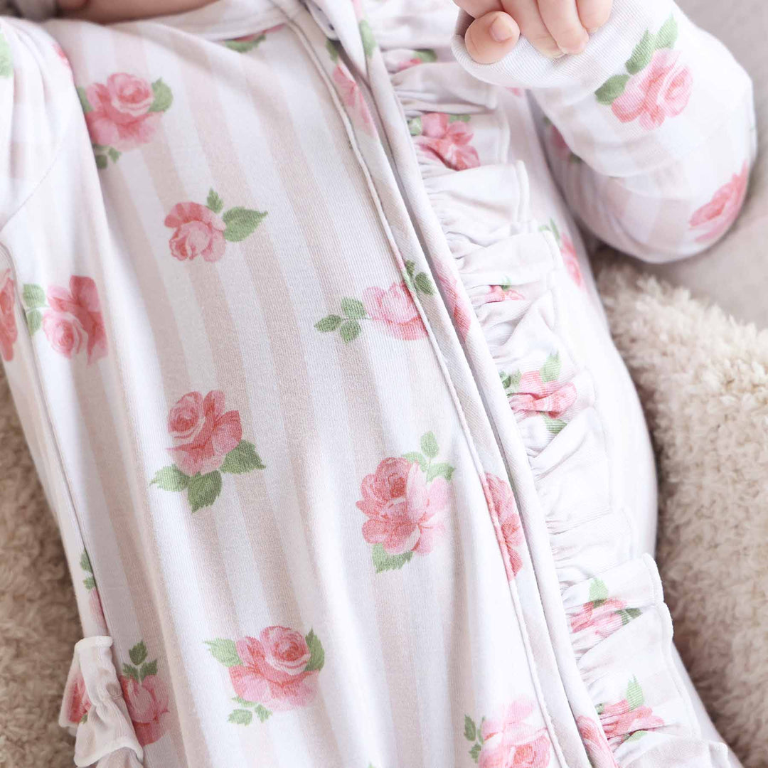 baby girl ruffle zipper footie rosy & cozy 