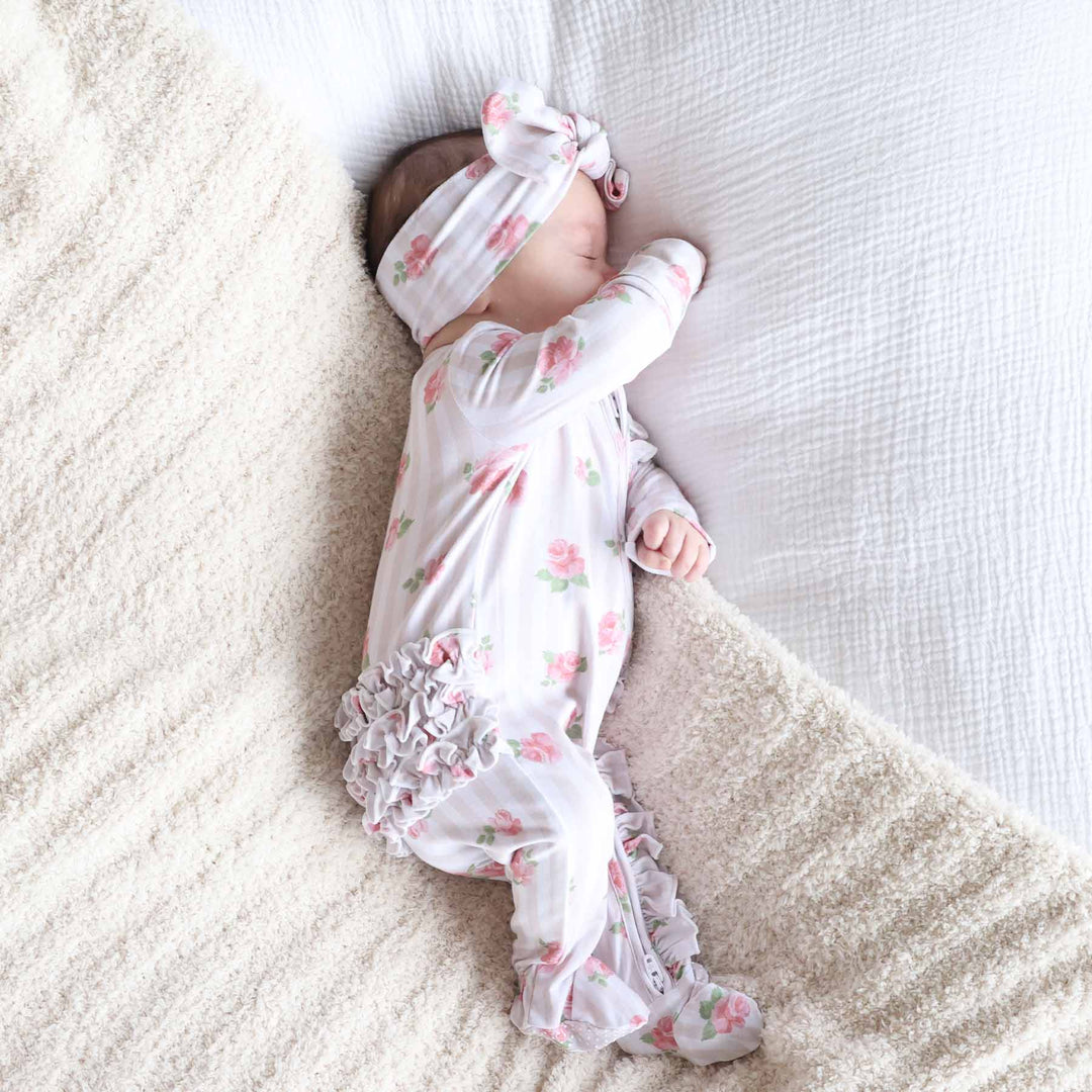 ruffle bottom zipper footie rosy & cozy 