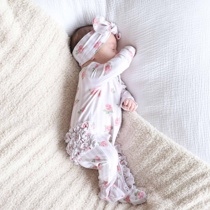 ruffle bottom zipper footie rosy & cozy 