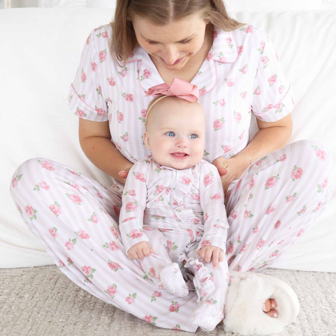 neutral stripe and rose ruffle footie for baby girls 