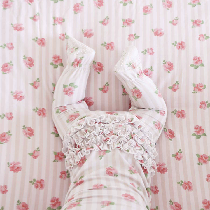 neutral stripe and rose zipper footie for babies 