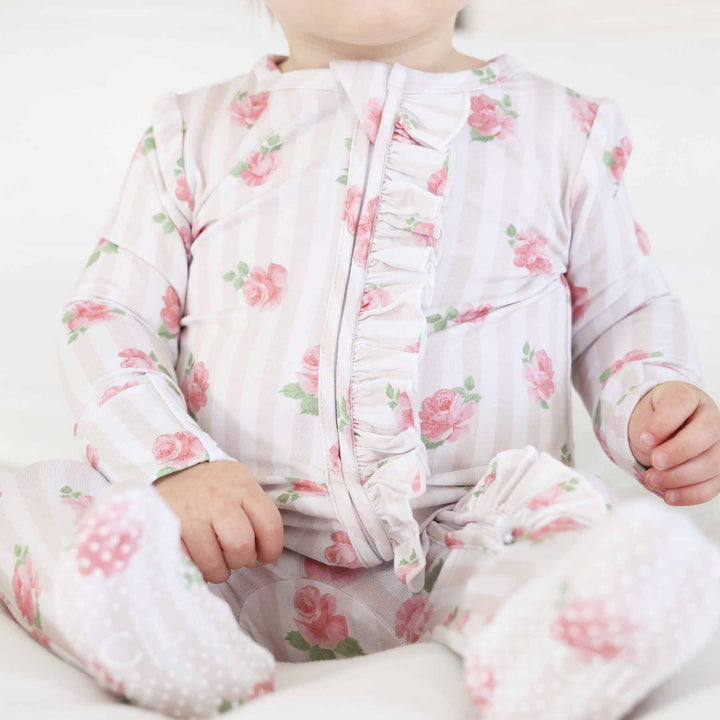 baby ruffle zipper footie rosy & cozy 