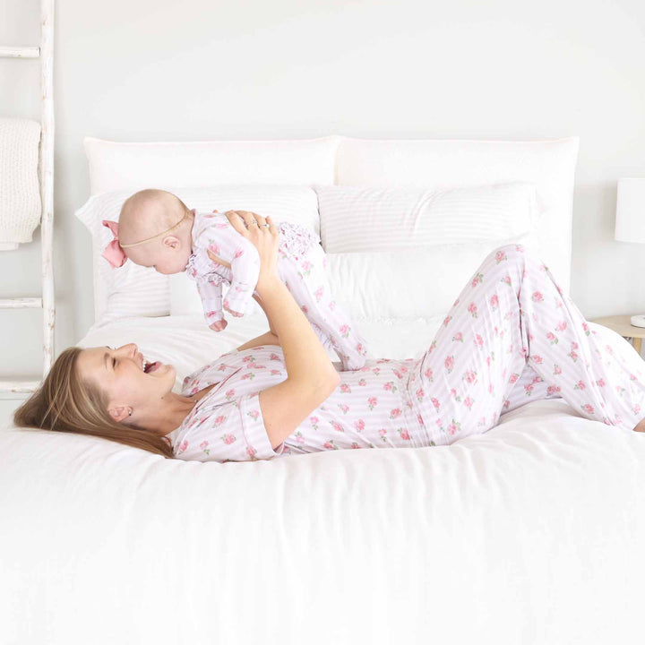 women's flare pant lounge set with stripes and roses