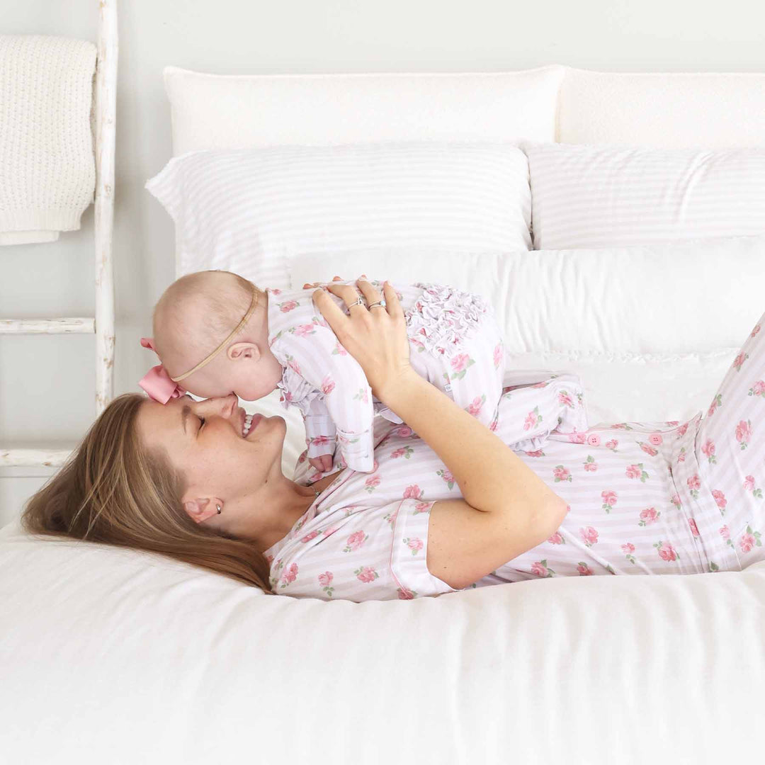 stripe and flower women's two piece lounge set matching with baby 