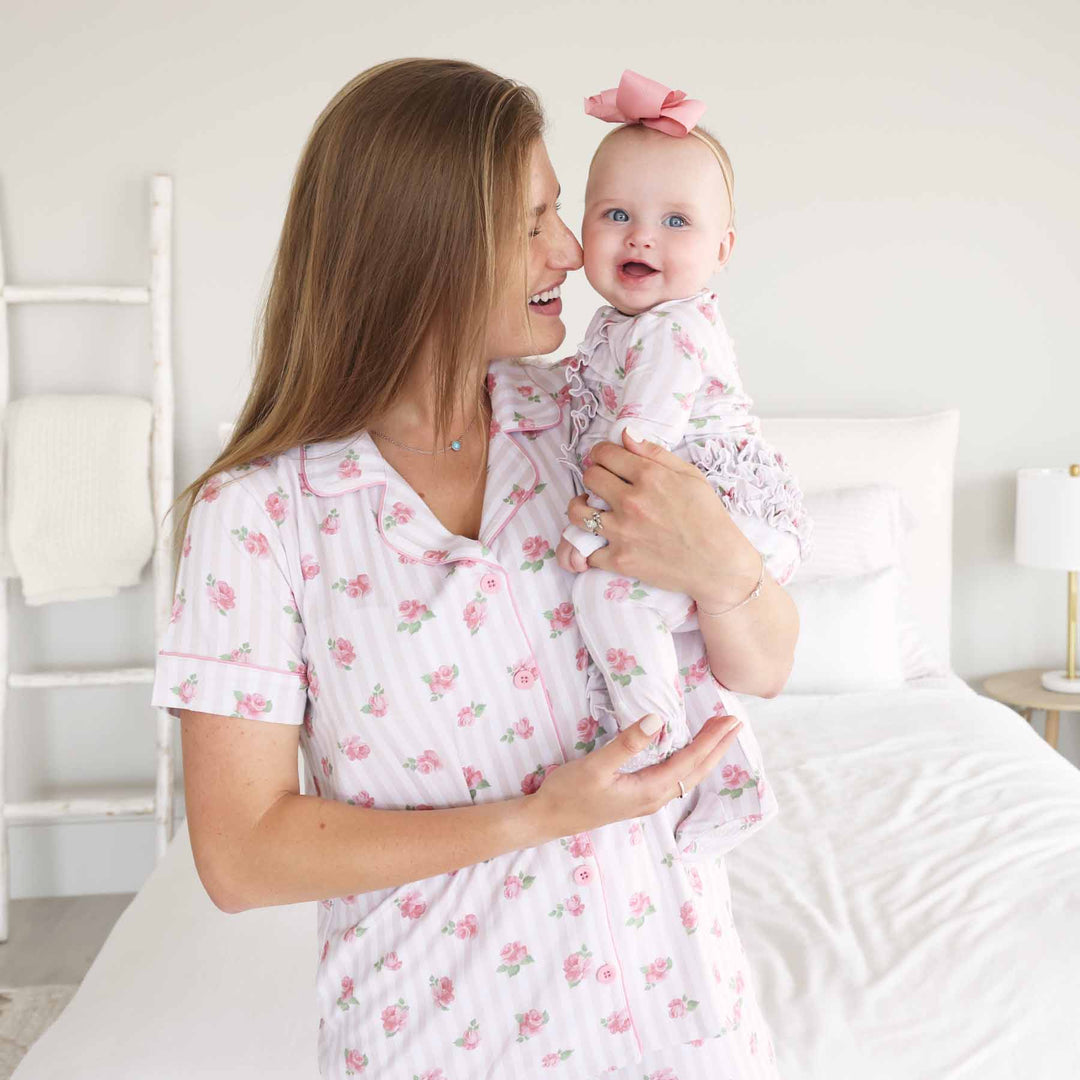 rosy & cozy women's button up bamboo lounge set with flare pants 