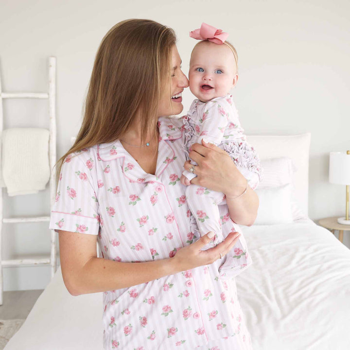 rosy & cozy women's button up bamboo lounge set with flare pants 