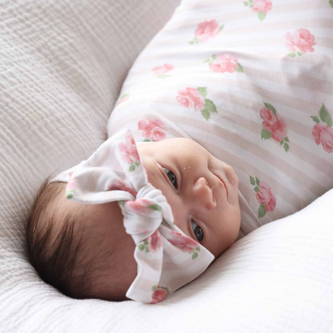 rosy & cozy stripe and floral headwrap for babies 