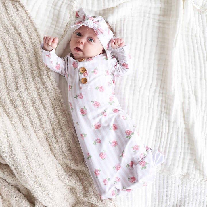 floral and stripe knot gown for newborn girls 