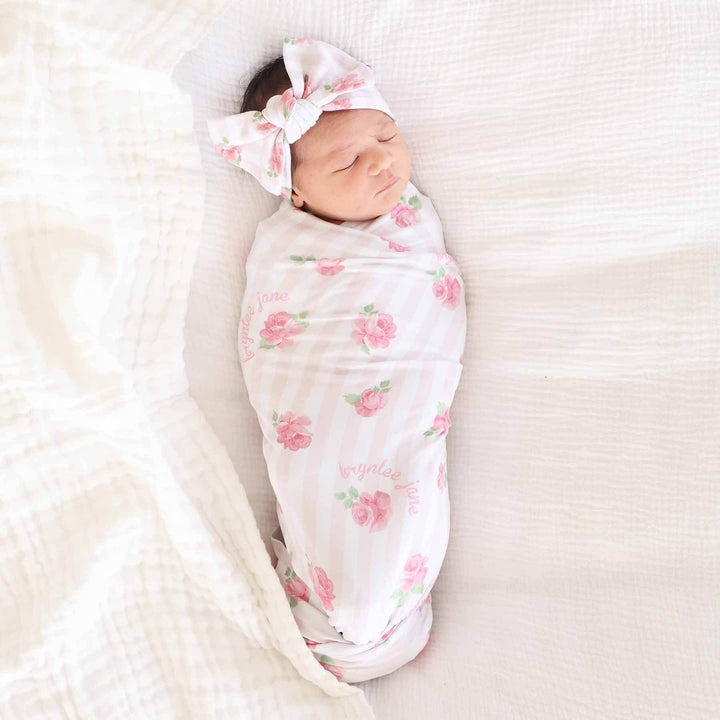 newborn girl personalized swaddle blanket with stripes and roses