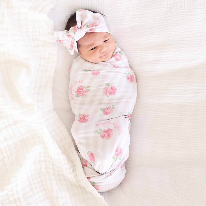 girls personalized swaddle blanket rosy & cozy 