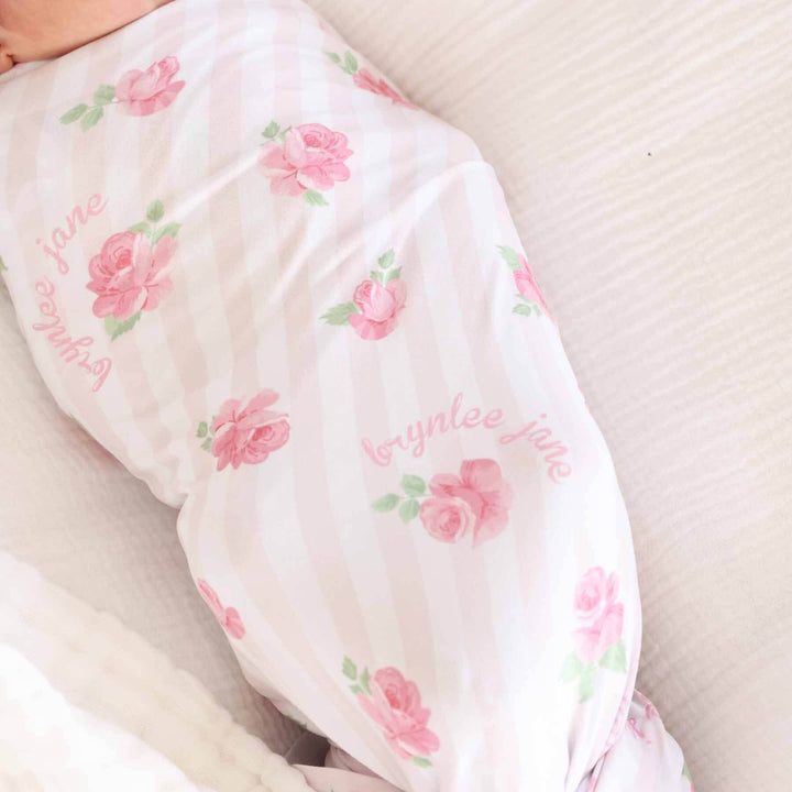 stripe and rose personalized swaddle blanket for girls 