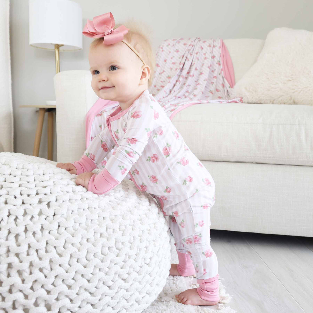 stripe and rose convertible zip romper pajama for babies and toddlers